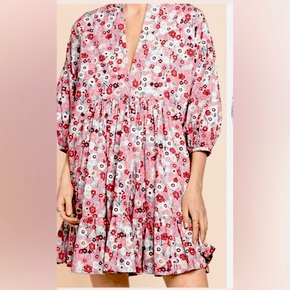 Bytimo Shift Dress Ruffled Structured 100% Cotton In Pink/White Floral Size Xs
